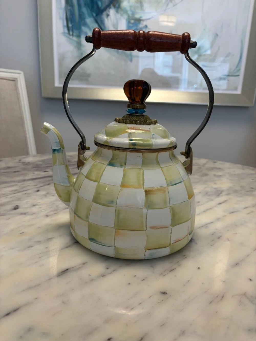 Authentic MacKenzie-Childs Parchment Check 2QT Tea Kettle - Rare / Retired